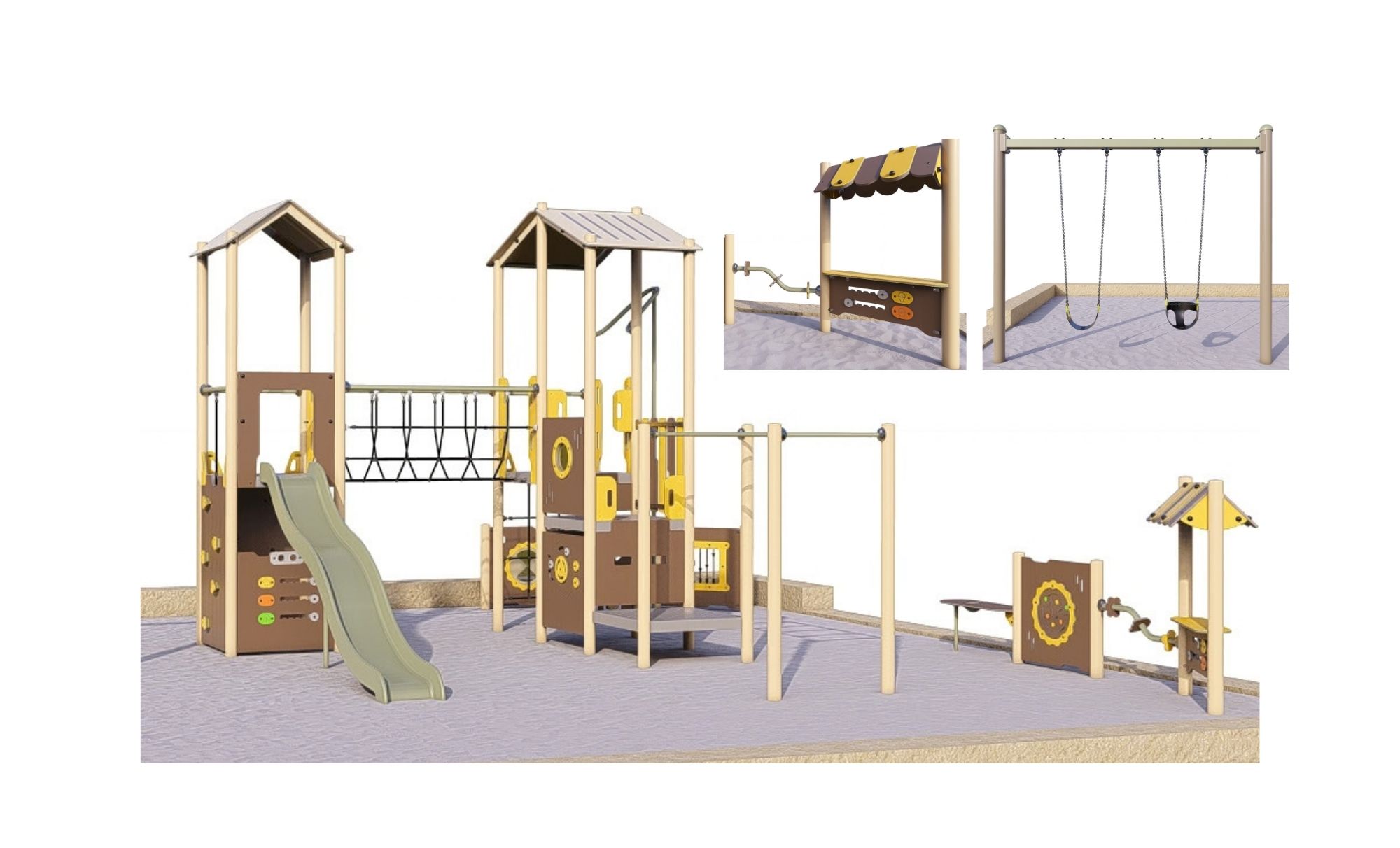 Concept image of a playground featuring a multi-play structure with a slide, climbing elements, monkey bars, a play shop, sand play features and a double swing.