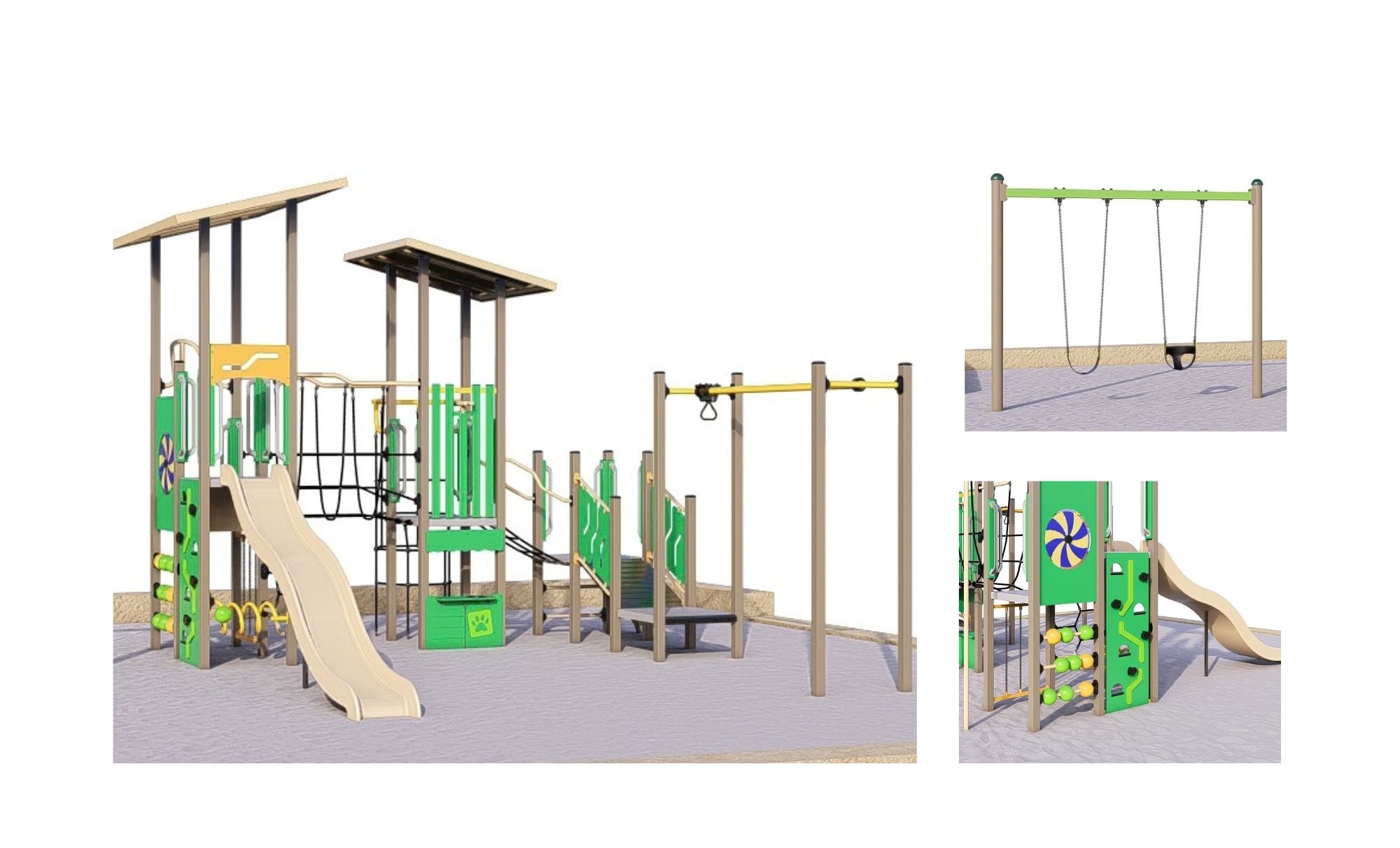 Concept image of a playground featuring a multi-play structure with climbing elements, elevated platforms, a slide and a double swing.