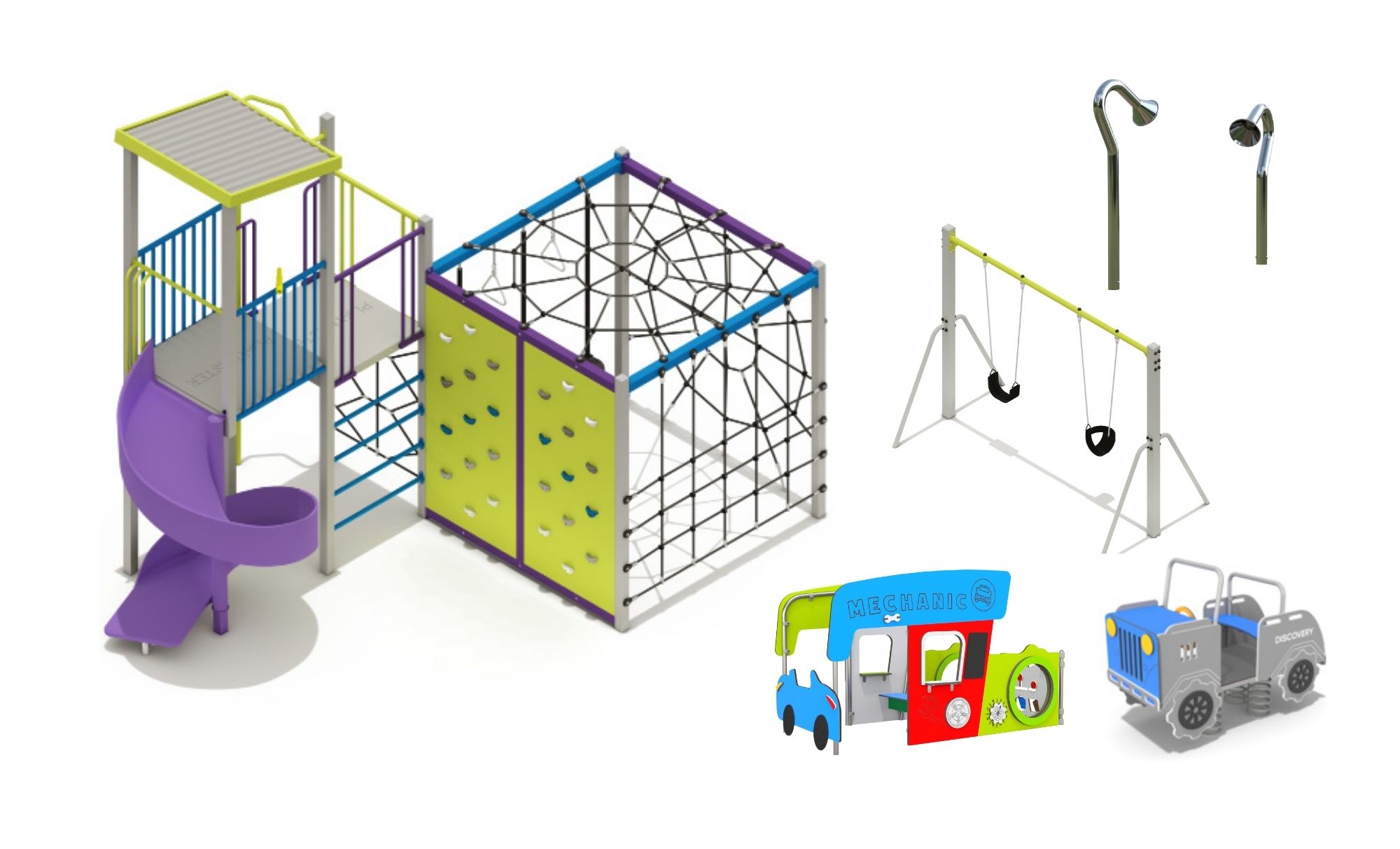 Playground design featuring a combination unit with spiral slide, rock wall, rope climbing cube, web climber, rope climb and fire pole, alongside a double swing, car rocker, talk tubes and mechanic-themed play unit.