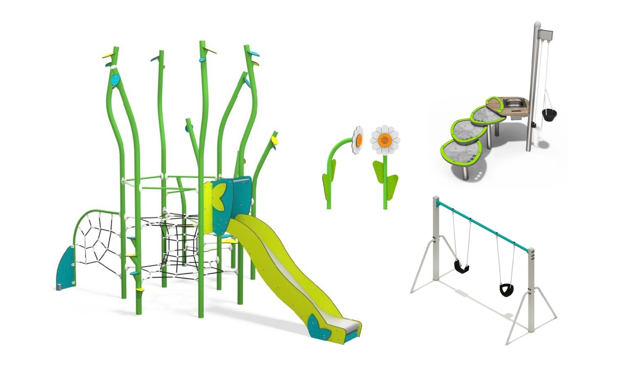 Concept image of a nature-themed playground featuring climbing nets, a slide, sand play elements, activity panels and a double swing.