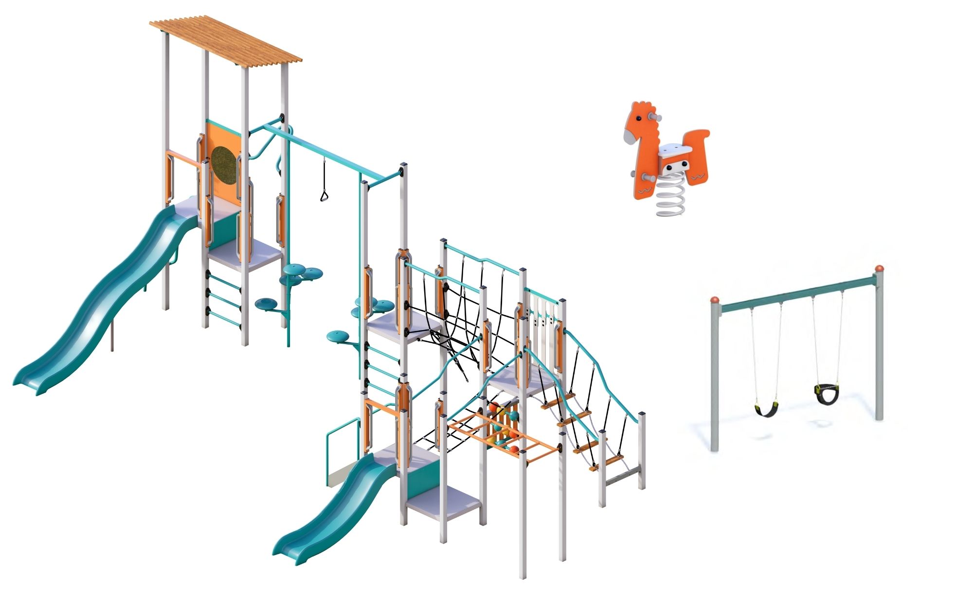 Playground design featuring a large combination unit with junior and senior slides, rope climbing and crossing elements, monkey bars, fire pole, double swing and horse rocker.