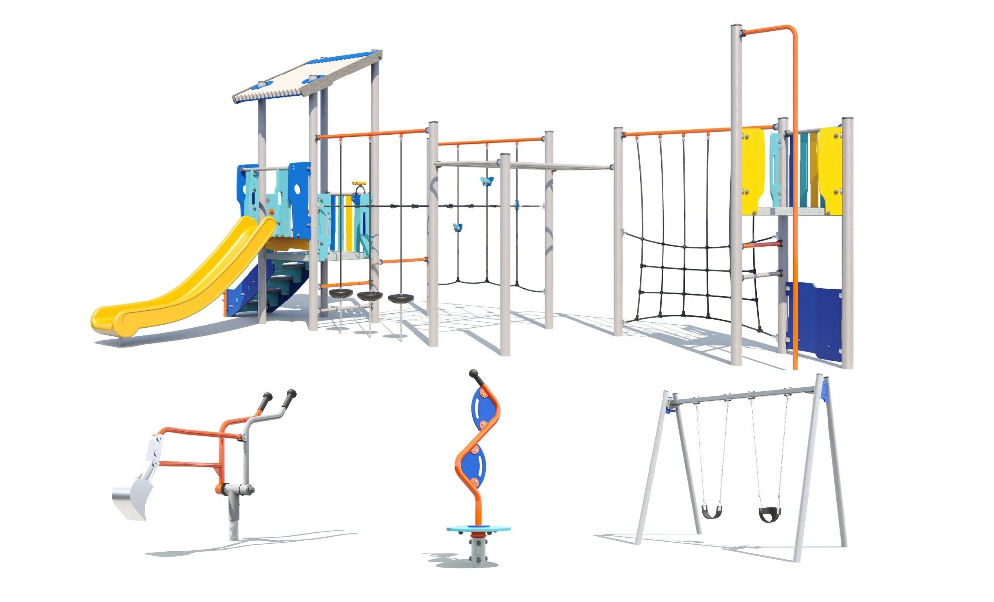 Playground design featuring a combination play unit with slide, climbing nets, monkey bars, balance activities, play panels, fire pole, double swing, curved spinner and sand digger.
