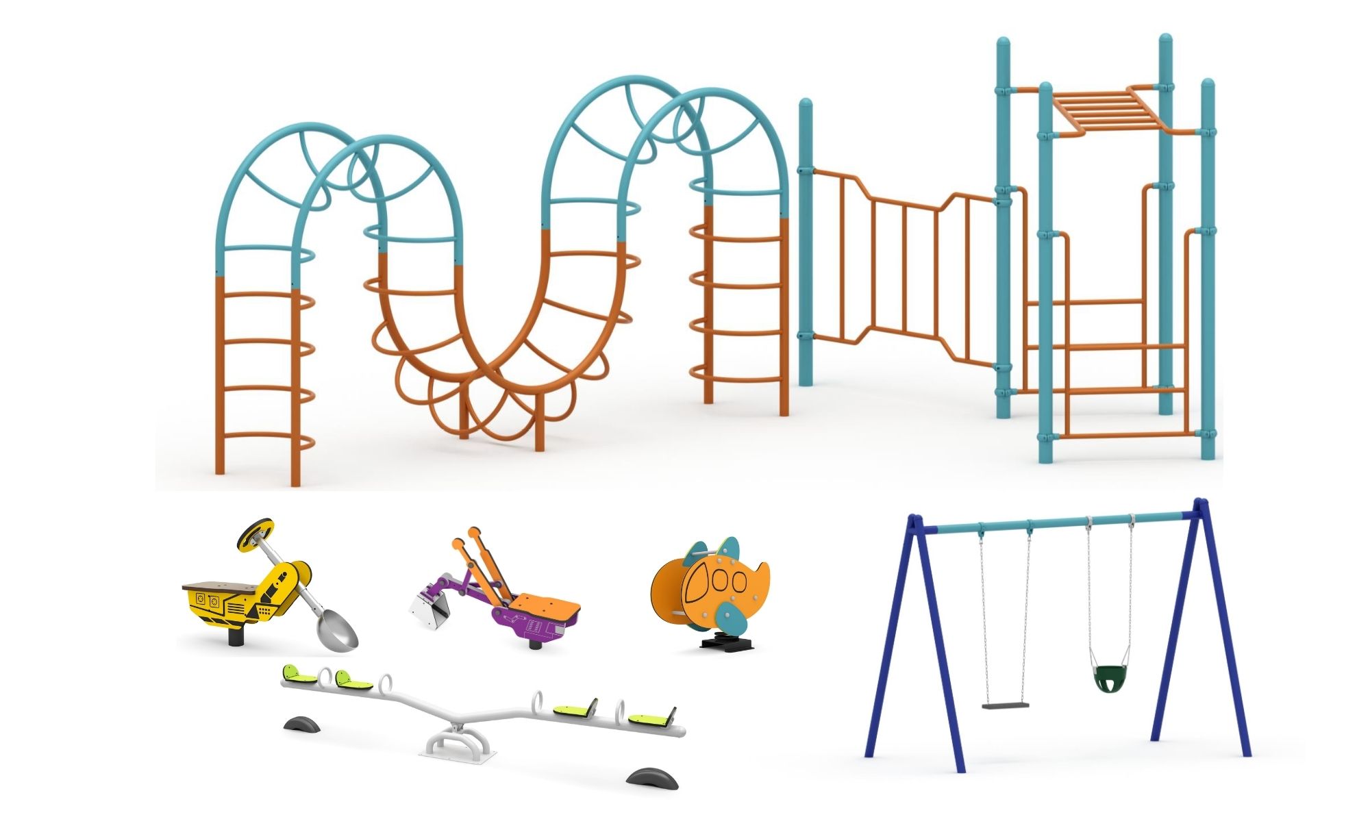 Playground design featuring an extensive climbing structure with monkey bars, curved and horizontal climbers, plus a double swing, sand digger, sand shovel, four-seat seesaw and plane rocker.